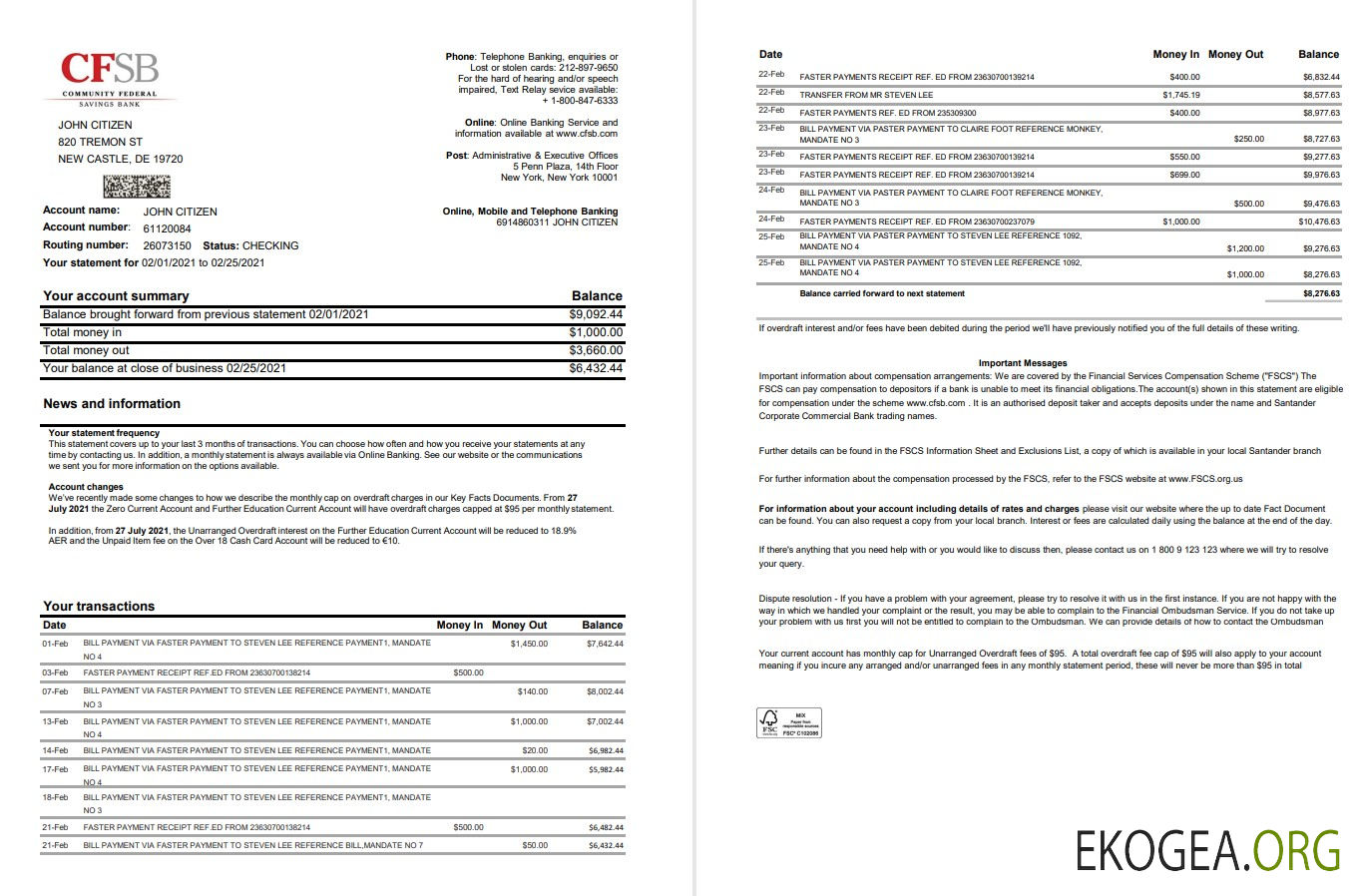 États Unis New York CFSB 2 pages Excel